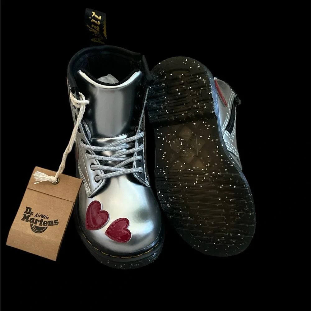Size 7 - Dr. Martens Toddler Girl 1460 Lace Up Fashion Boot‎ Silver/Red/Glitter